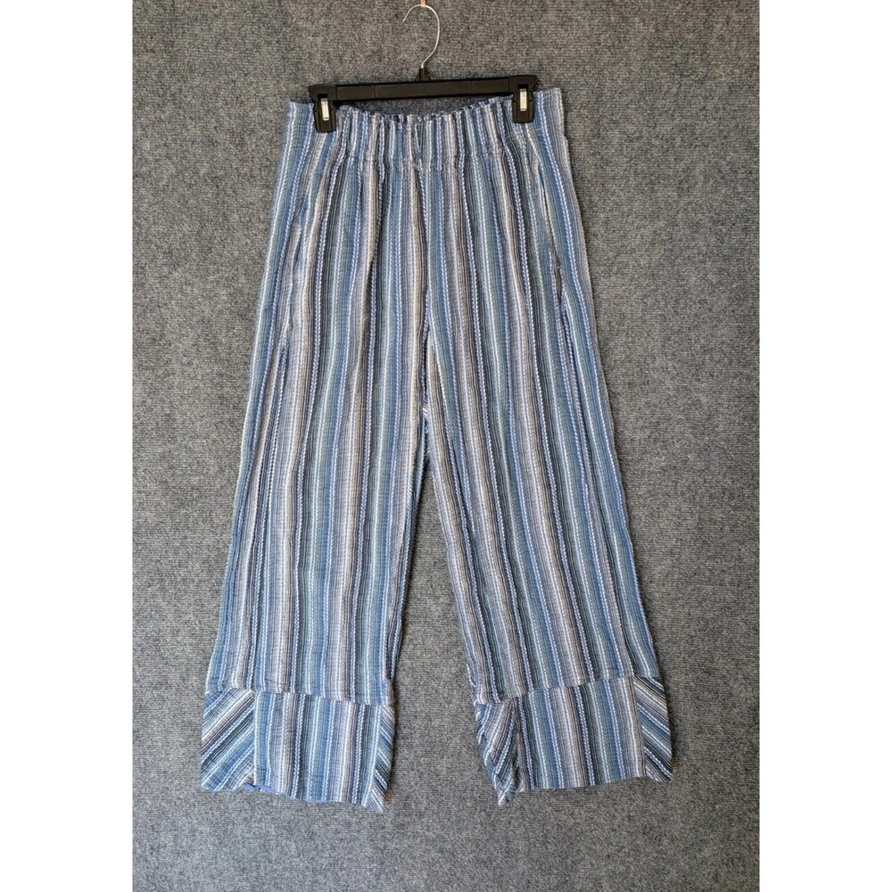 Free People Days End Cotton/Linen Stripe Pants Small Wide Leg Blue - Picture 2 of 12
